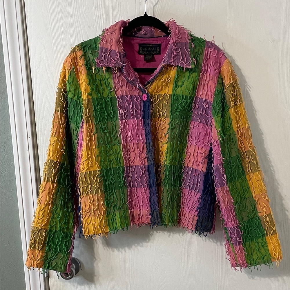 Vintage Life Style Like New Colorful Plaid Patch Work Fringe Blazer Jacket Large
